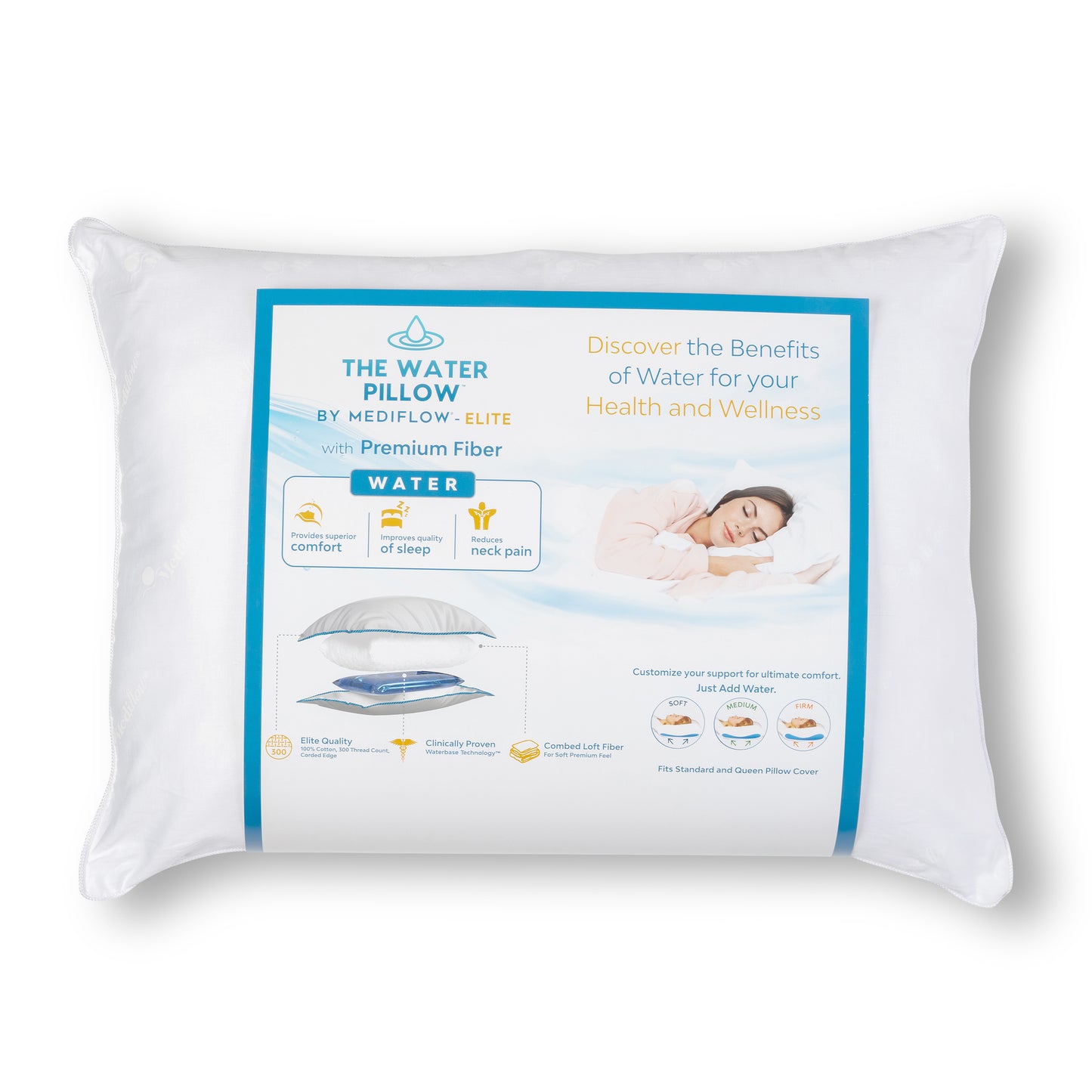 The Water Pillow by Mediflow -  Elite (Combo Pack Display 12 Pillows -  6 Fiber, 6 Memory Foam)