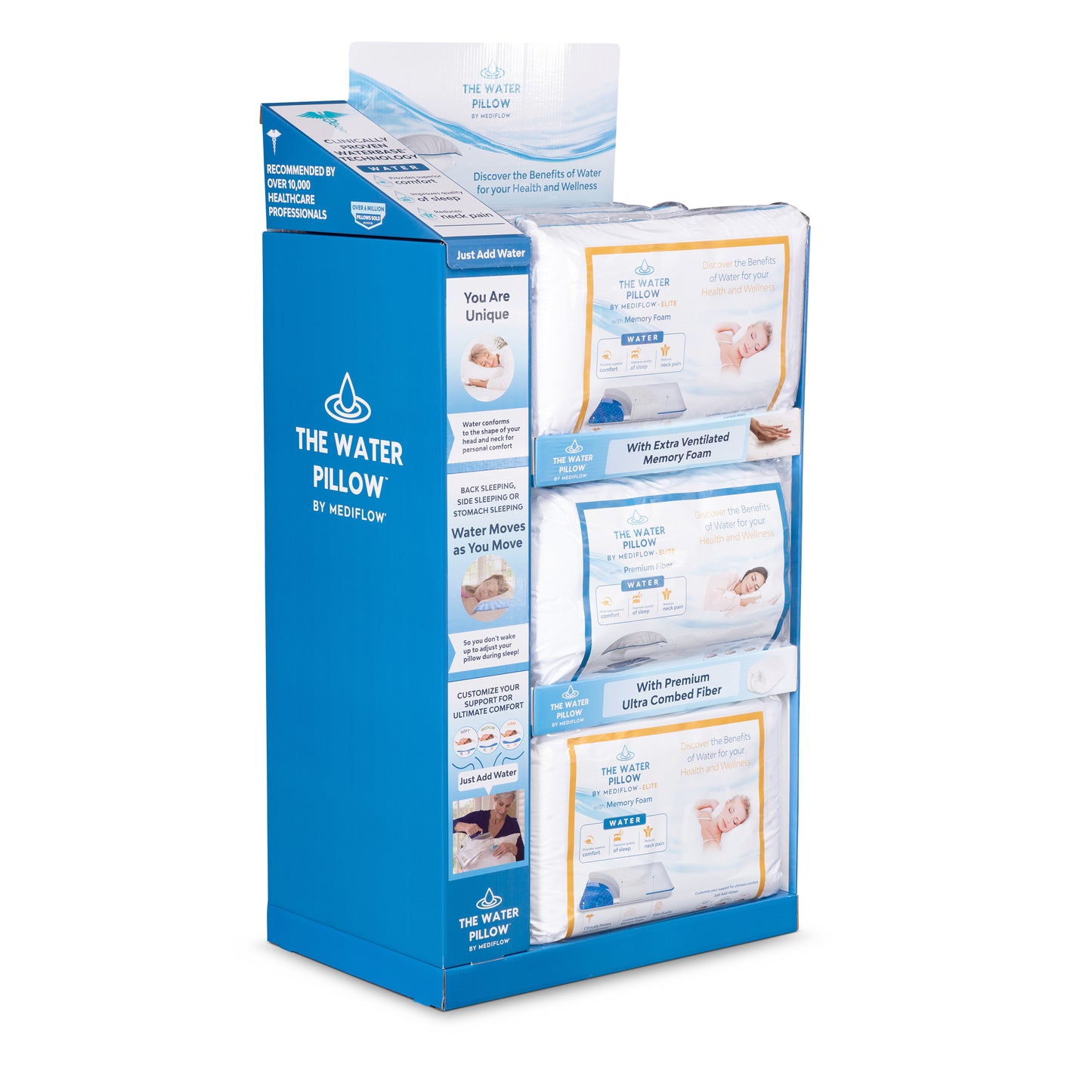 The Water Pillow by Mediflow -  Elite (Combo Pack Display 12 Pillows -  6 Fiber, 6 Memory Foam)