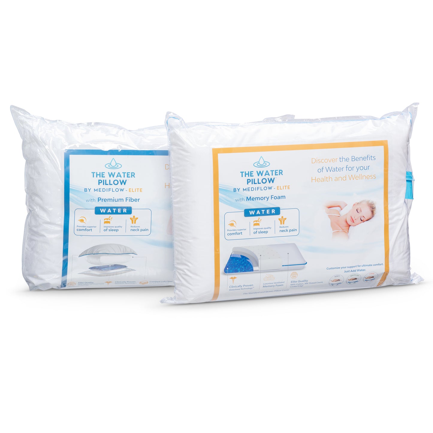 The Water Pillow by Mediflow -  Elite (Combo Pack Display 12 Pillows -  6 Fiber, 6 Memory Foam)